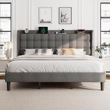 Queen Bed Frame, Upholstered Platform Bed with Charging Station, Modern Wingback Storage Headboard, Solid Wood Slats Support, No Box Spring Needed, Dark Gray