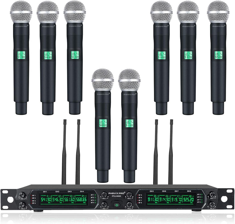 Wireless Microphone System, Phenyx Pro 8-Channel UHF Cordless Mic Set with Eight Handheld Mics, Fixed Frequency, All Metal Build, Long Range 260ft, Ideal for Karaoke,Church,Events (PTU-4000A)