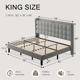 Queen Bed Frame, Upholstered Platform Bed with Charging Station, Modern Wingback Storage Headboard, Solid Wood Slats Support, No Box Spring Needed, Dark Gray