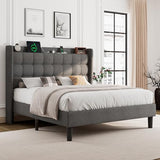 Queen Bed Frame, Upholstered Platform Bed with Charging Station, Modern Wingback Storage Headboard, Solid Wood Slats Support, No Box Spring Needed, Dark Gray