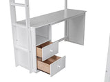 Full Size Loft Bed, Multi-Functional Solid Wood Loft Bed with Wardrobes and 2-Drawer Desk and Storage Cabinet, Modern Full Bed Frame with Built-in Ladder and Safety Guardrails,White