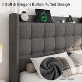 Queen Bed Frame, Upholstered Platform Bed with Charging Station, Modern Wingback Storage Headboard, Solid Wood Slats Support, No Box Spring Needed, Dark Gray
